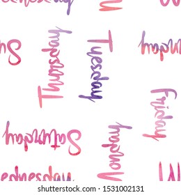 Seamless pattern with watercolor lettering of week days.