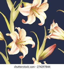 Seamless pattern with watercolor lilies. vector illustration.