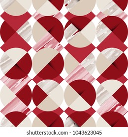 Seamless pattern, watercolor lines texture in circle and square shapes with shadow, pastel red and brown tones