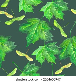 Seamless pattern with watercolor maple leaves and seeds. Template for banner, poster, packaging, postcard, web design. Hand Drawn vector illustration.