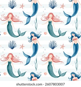 Padrão contínuo com sereia aquarela. Textura infantil desenhada à mão debaixo do mar. Plano de fundo de caracteres subaquáticos.
