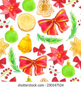 Seamless pattern watercolor to Merry Christmas. Bright background for happy new year