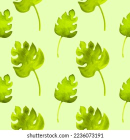 Seamless Pattern with watercolor monstera leaves. For printing wrapping paper, wallpaper, packaging, fabric. Hand Drawn vector illustration.