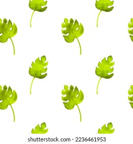 Seamless Pattern with watercolor monstera leaves. For printing wrapping paper, wallpaper, packaging, fabric. Hand Drawn vector illustration.