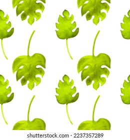 Seamless Pattern with watercolor monstera leaves. For printing wrapping paper, wallpaper, packaging, fabric. Hand Drawn vector illustration.
