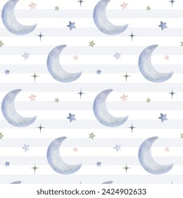 Seamless pattern with watercolor moon and stars. Cute childish wallpaper. Vector background in pastel colors