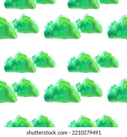 Seamless pattern with watercolor mountain green forest. For printing wrapping paper, wallpaper, packaging, fabric. Hand Drawn vector illustration.
