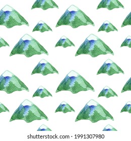 Seamless pattern with watercolor mountains. For printing wrapping paper, wallpaper, packaging, fabric. Hand Drawn vector illustration.
