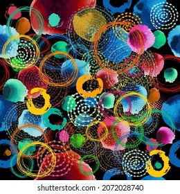 Seamless pattern of watercolor multicolored circles. Dark background. Vector illustration