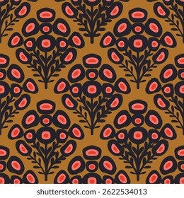 Seamless pattern with watercolor orange flowers and branches on a brown background. Illustration. Wallpaper. Nature. Autumn. Natural. Print on fabric and paper. Design. Art. Handmade.