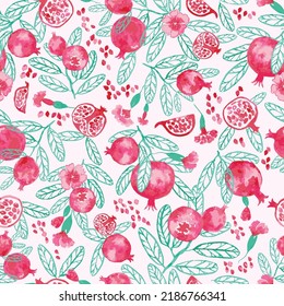 Seamless pattern of watercolor painting of pomegranate fruits with flowers, in vector format, with beautiful watercolor texture and looks, for textile, wallpaper, home decor, stationary, etc.