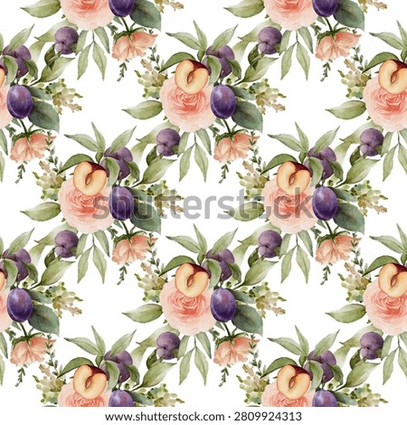Seamless pattern with watercolor peaches, plums, and roses. Beautiful summer fruit and floral bouquet vector illustration isolated on white background.