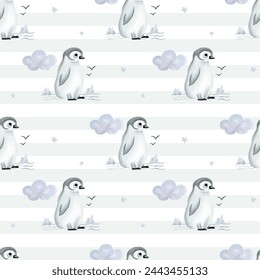 Seamless pattern with watercolor penguin. Cute childish wallpaper. Polar animals background