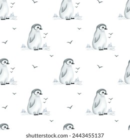 Seamless pattern with watercolor penguin. Cute childish wallpaper. Polar animals background