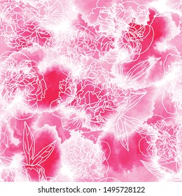 Seamless pattern with watercolor peonies isolated on white background. Cute flowers for your textile, fabric, wallpaper design. Vector illustration.