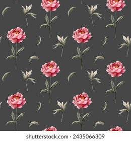 Seamless pattern with watercolor peonies on dark background. Watercolor botanical vector background