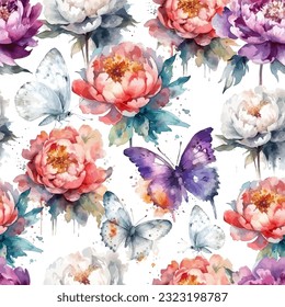 Seamless pattern watercolor peonies. Vector illustration