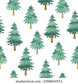 Seamless pattern with watercolor pine trees. Winter forest vector illustration