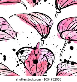 Seamless pattern with watercolor pink Calla Lily flowers on white background
