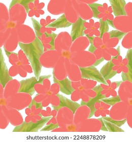 Seamless pattern of watercolor pink flowers and leaves, vector illustration, for fabric, notebook cover, wallpaper