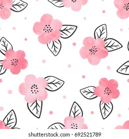 Seamless Pattern With Watercolor Pink Flowers And Black Leaves. 