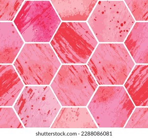 Seamless pattern with watercolor pink hexagons. Vector geometric ornamental texture for background. Abstract modern illustration with hand drawing elements.