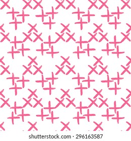 Seamless pattern with watercolor pink small cross on a white background.