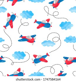 Seamless pattern with watercolor planes and clouds for kids