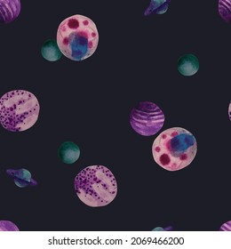 Patrón sin foco con planetas acuarelas sobre un fondo oscuro. Ilustración vectorial. Patrón moderno brillante para imprimir en tela, en postales