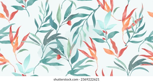 Patrón sin foco de hojas y flores de elementos de plantas acuarelas. Ramas de plantas de fondo acuarela. Ilustración vectorial.