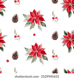 Seamless pattern with watercolor poinsettia flowers and pine cone. Winter background. Hand drawn christmas ornament.