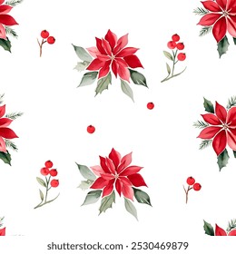 Seamless pattern with watercolor poinsettia flowers and winter berries. Winter background. Hand drawn christmas ornament.