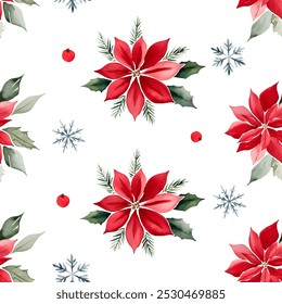 Seamless pattern with watercolor poinsettia flowers and snowflakes. Hand drawn christmas ornament. Winter background. 