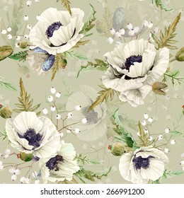 Seamless pattern of watercolor poppies. Vector illustration of white flowers. Vintage. Can be used for gift wrapping paper, background of Valentine's day, birthday and so on.