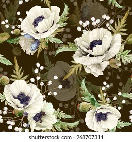 Seamless pattern of watercolor poppies. Vector illustration of white flowers on white background. Vintage. Can be used for gift wrapping paper, background of Valentine's day, birthday and so on.