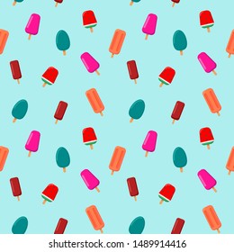 Seamless pattern with watercolor popsicles on a stick isolated on blue background. Hand painted sweet summer dessert perfect for textiles and scrapbooking.