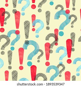 Patrón sin inconvenientes con preguntas de acuarela y signos de exclamación. Ilustración vectorial.