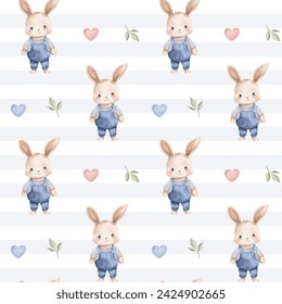 Seamless pattern with watercolor rabbit and hearts. Cute childish print. Springtime background in pastel colors