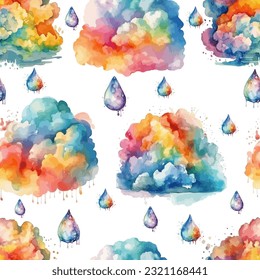 Seamless pattern of watercolor rainbow clouds. Vector illustration