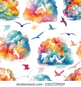 Seamless pattern of watercolor rainbow clouds with birds. Vector illustration