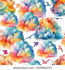 Seamless pattern of watercolor rainbow clouds with birds. Vector illustration