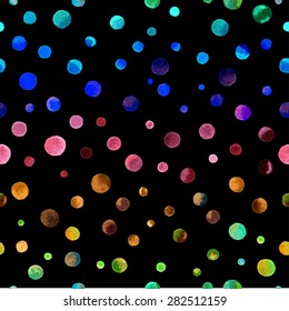 Seamless pattern: watercolor rainbow colored confetti scattered evenly on black background. Hand painted in watercolor confetti vector illustration