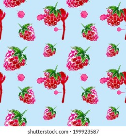 Seamless pattern of watercolor raspberries, vector