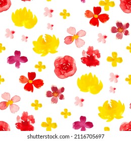 Seamless pattern with watercolor red pink yellow flowers