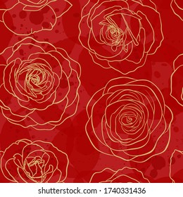 Seamless pattern watercolor red textured with golden outline roses. Hand drawn contour lines. design greeting card and invitation of the wedding, birthday, Valentine s Day, mother s day, holiday.