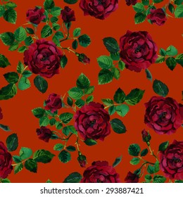 seamless pattern watercolor rose with foliage and buds on a terracotta background