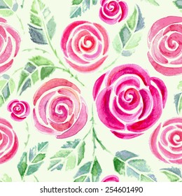 Seamless pattern with watercolor roses. Beautiful floral background. Colorful vector illustration.