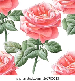 Seamless pattern with watercolor roses. Hand drawn.