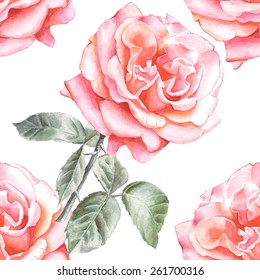 Seamless pattern with watercolor roses. Hand drawn.