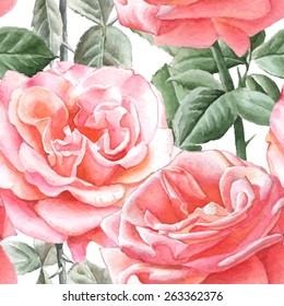 Seamless pattern with watercolor roses. Hand drawn.